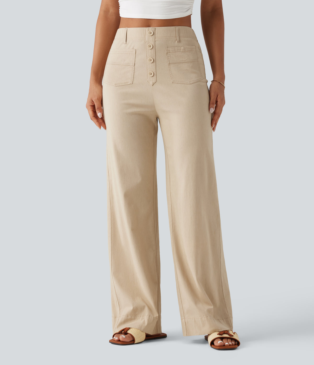 High Waisted Straight Leg Casual Stretch Linen Trousers with Pockets — Oatfield Cream — view 1