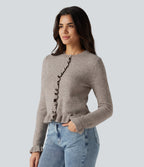 Round Neck Ruffle Long Sleeve Work Wool-Blend Cardigan — Chateau Gray — view 3