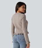 Round Neck Ruffle Long Sleeve Work Wool-Blend Cardigan — Chateau Gray — view 2