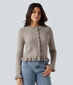 Round Neck Ruffle Long Sleeve Work Wool-Blend Cardigan — Chateau Gray — view 1