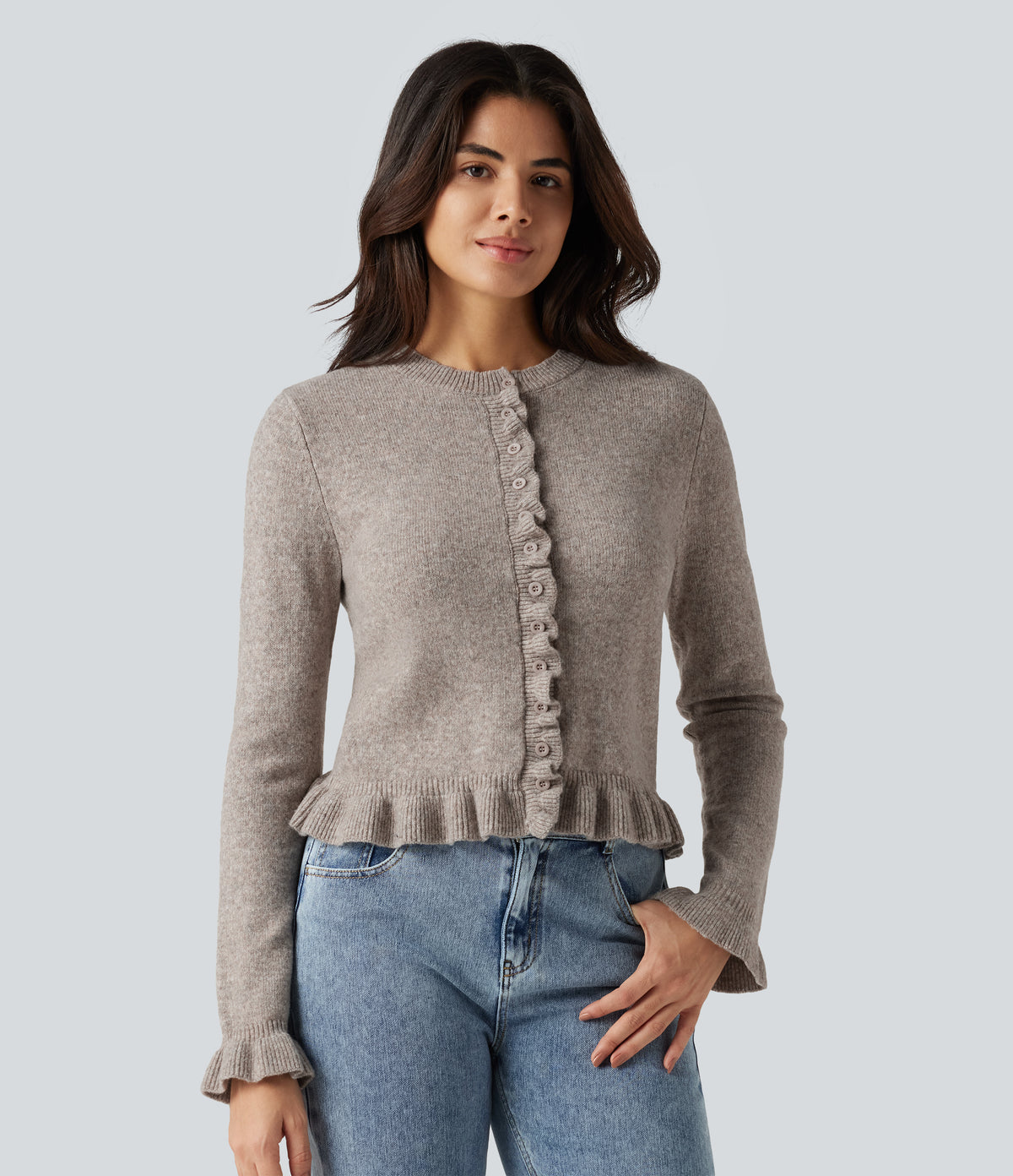Round Neck Ruffle Long Sleeve Work Wool-Blend Cardigan — Chateau Gray — view 1
