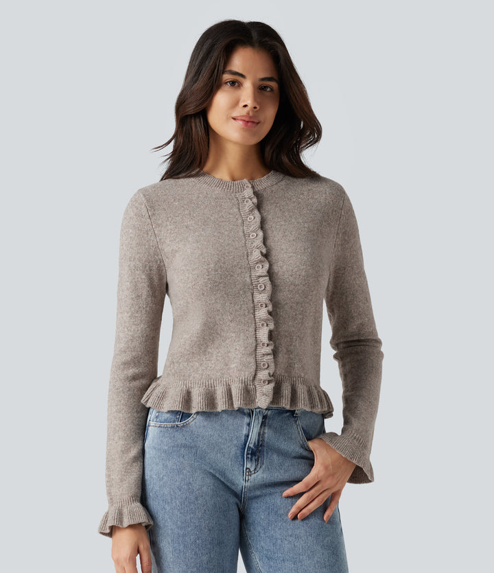 Round Neck Ruffle Long Sleeve Work Wool-Blend Cardigan — Chateau Gray — view 1