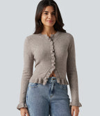 Round Neck Ruffle Long Sleeve Work Wool-Blend Cardigan — Chateau Gray — view 4