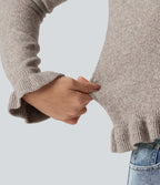 Round Neck Ruffle Long Sleeve Work Wool-Blend Cardigan — Chateau Gray — view 6