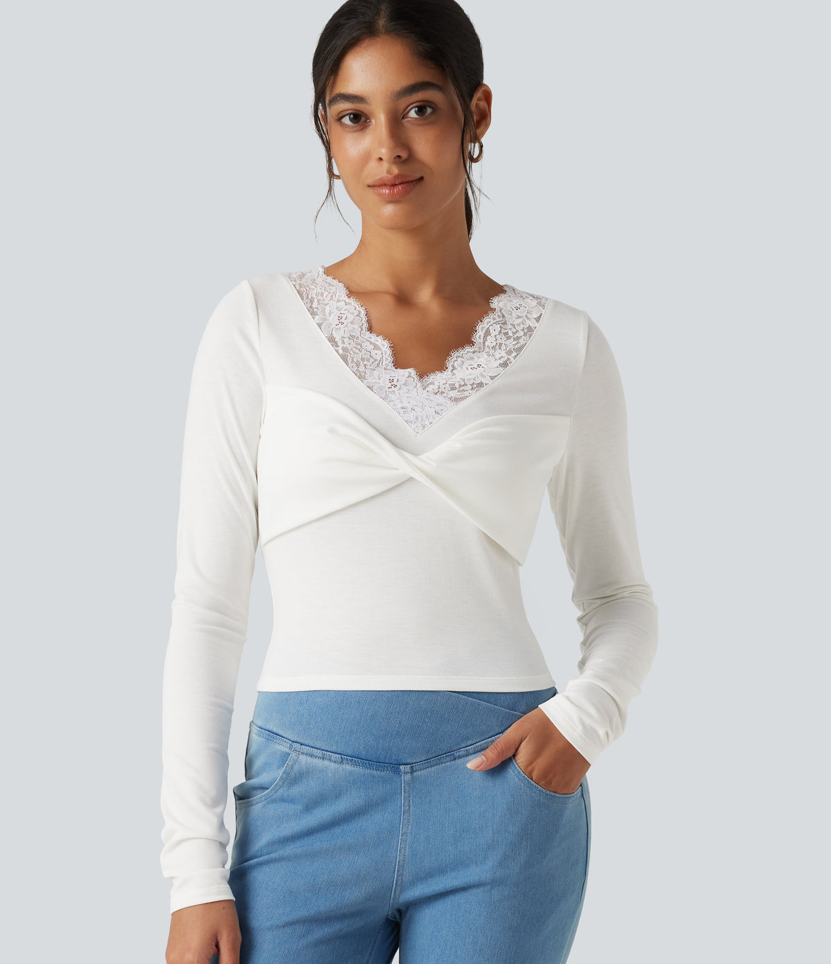V‑Neck Lace Twisted Long Sleeve Casual Top — White — view 1
