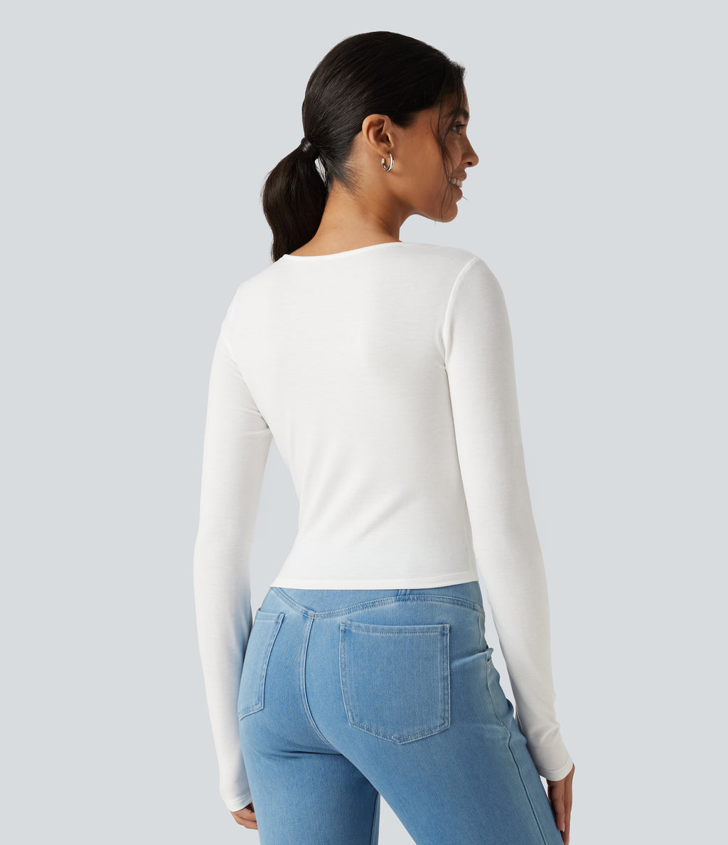 V‑Neck Lace Twisted Long Sleeve Casual Top — White — view 2