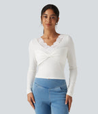 V‑Neck Lace Twisted Long Sleeve Casual Top — White — view 6
