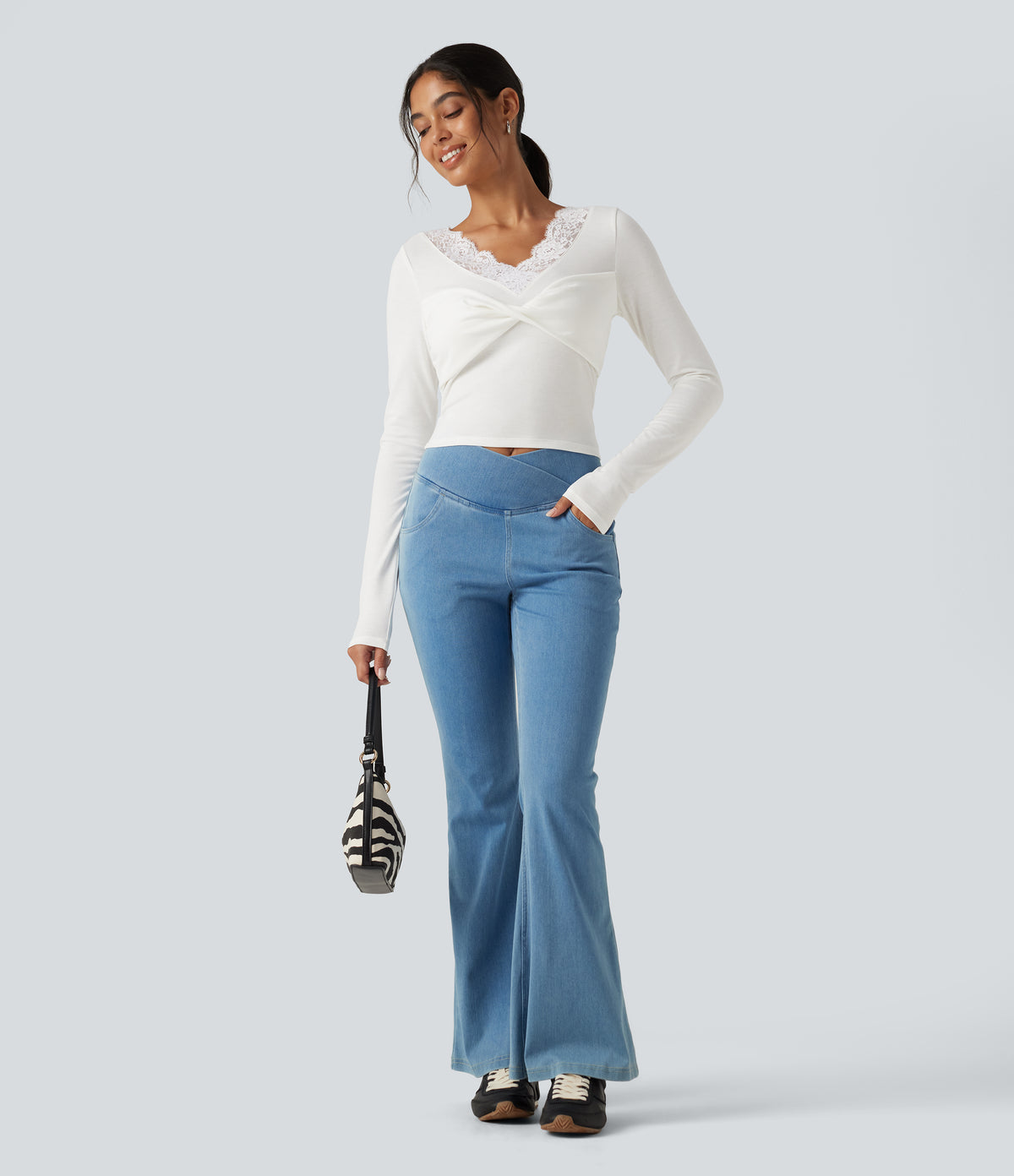 V‑Neck Lace Twisted Long Sleeve Casual Top — White — view 7