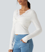 V‑Neck Lace Twisted Long Sleeve Casual Top — White — view 3
