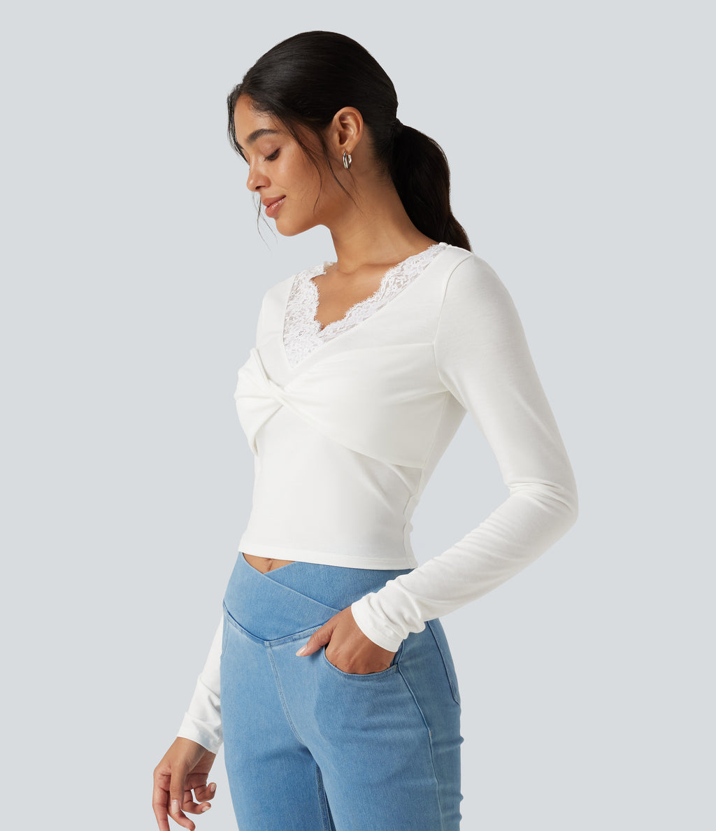 V‑Neck Lace Twisted Long Sleeve Casual Top — White — view 5