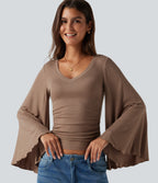 Ribbed V Neck Flounce Sleeve Ruched Casual T-Shirt — Beaver Fur — view 1