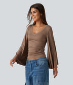 Ribbed V Neck Flounce Sleeve Ruched Casual T-Shirt — Beaver Fur — view 3