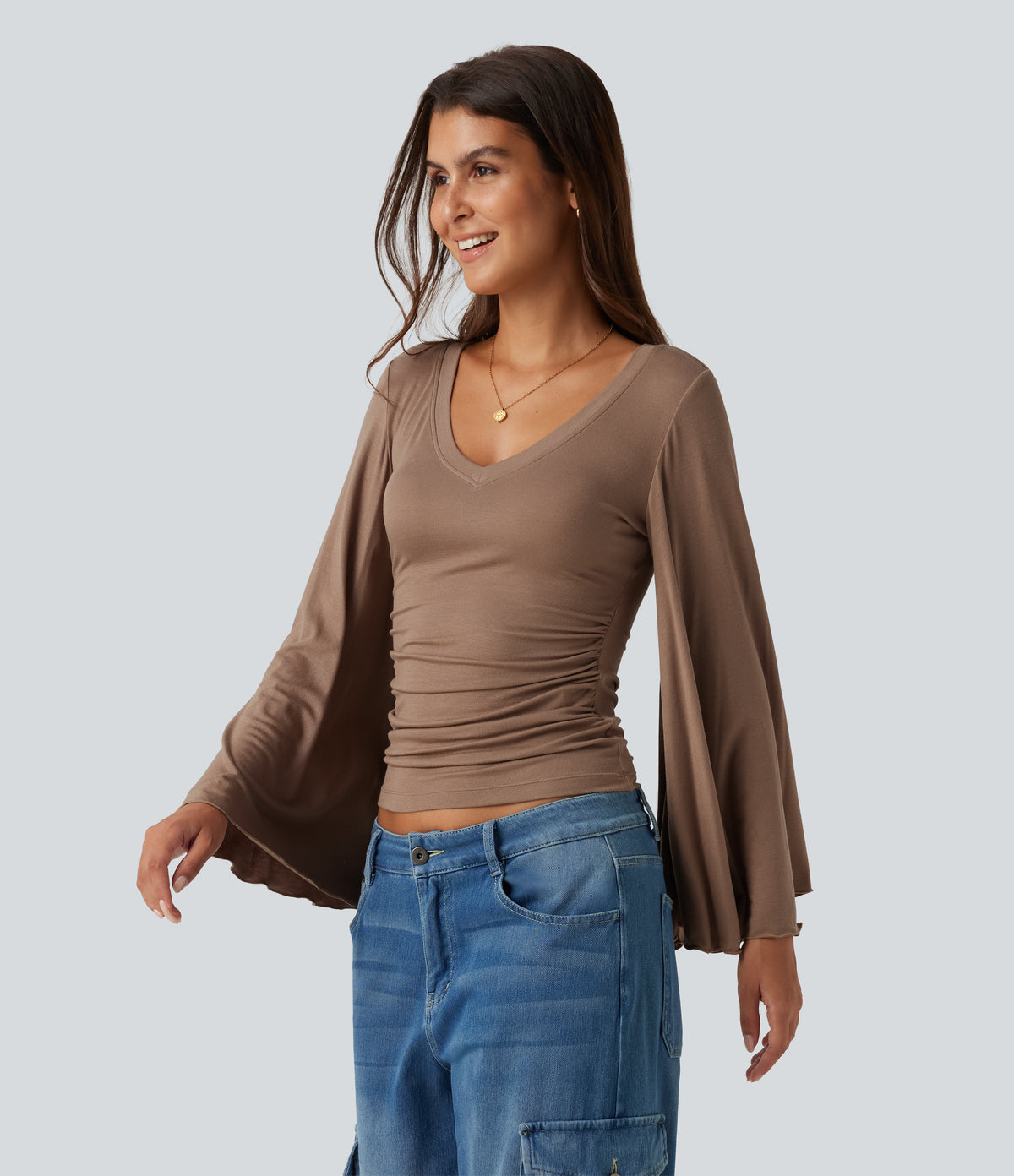 Ribbed V Neck Flounce Sleeve Ruched Casual T-Shirt — Beaver Fur — view 3