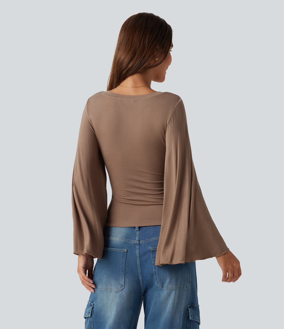 Ribbed V Neck Flounce Sleeve Ruched Casual T-Shirt — Beaver Fur — view 2