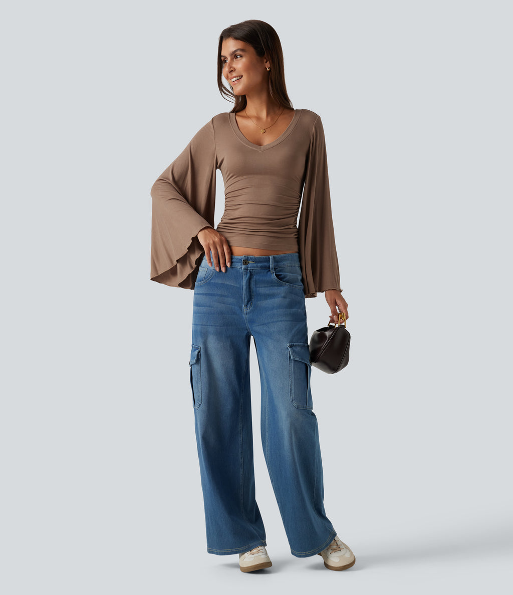 Ribbed V Neck Flounce Sleeve Ruched Casual T-Shirt — Beaver Fur — view 7