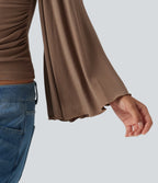 Ribbed V Neck Flounce Sleeve Ruched Casual T-Shirt — Beaver Fur — view 6