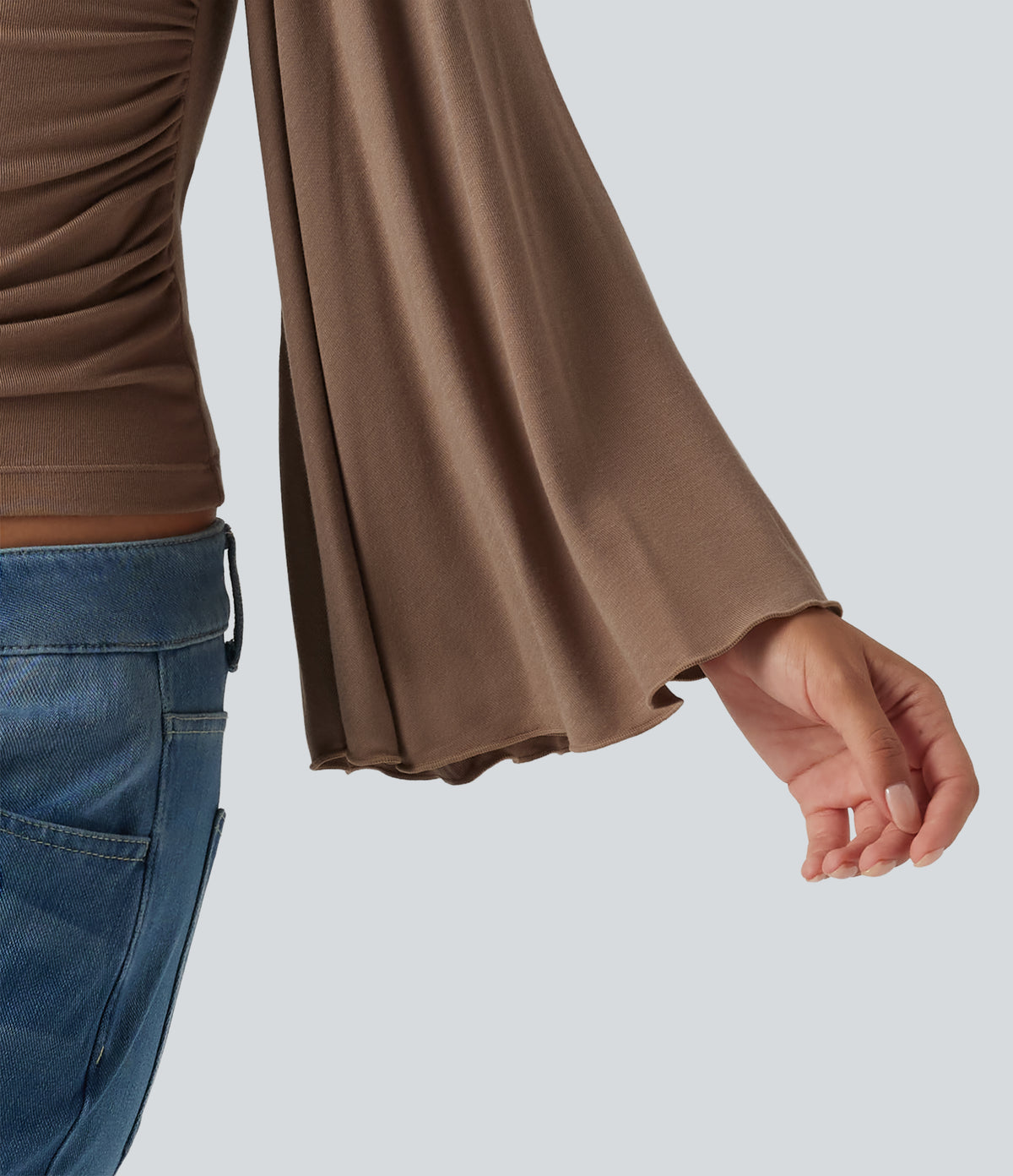 Ribbed V Neck Flounce Sleeve Ruched Casual T-Shirt — Beaver Fur — view 6