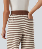 Mid Rise Drawstring Stripe Wide Leg Lounging Sweatpants with Pockets — Caramel Cream Stripe — view 5
