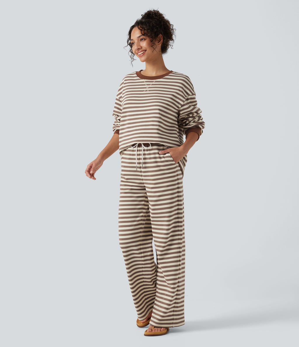Mid Rise Drawstring Stripe Wide Leg Lounging Sweatpants with Pockets — Caramel Cream Stripe — view 8