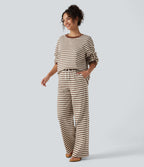 Mid Rise Drawstring Stripe Wide Leg Lounging Sweatpants with Pockets — Caramel Cream Stripe — view 8