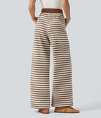 Mid Rise Drawstring Stripe Wide Leg Lounging Sweatpants with Pockets — Caramel Cream Stripe — view 2