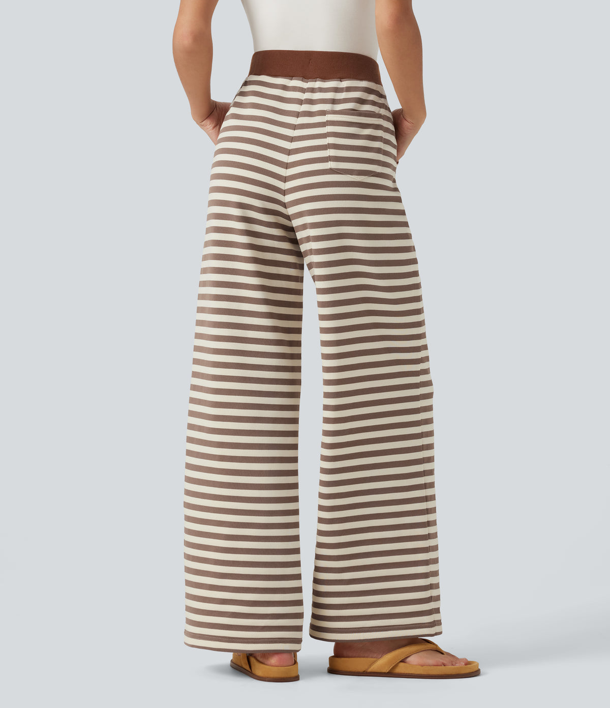 Mid Rise Drawstring Stripe Wide Leg Lounging Sweatpants with Pockets — Caramel Cream Stripe — view 2