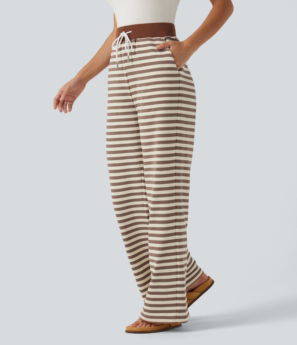 Mid Rise Drawstring Stripe Wide Leg Lounging Sweatpants with Pockets — Caramel Cream Stripe — view 3