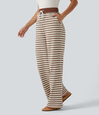 Mid Rise Drawstring Stripe Wide Leg Lounging Sweatpants with Pockets — Caramel Cream Stripe — view 3