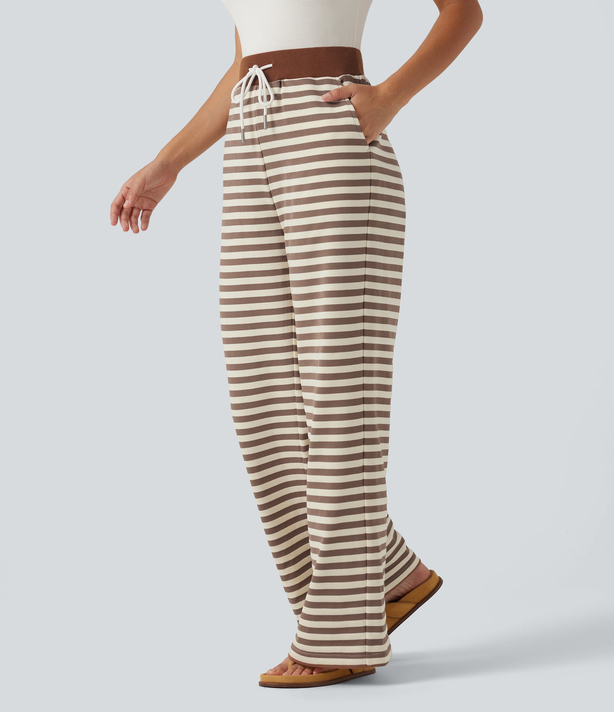 Mid Rise Drawstring Stripe Wide Leg Lounging Sweatpants with Pockets — Caramel Cream Stripe — view 3