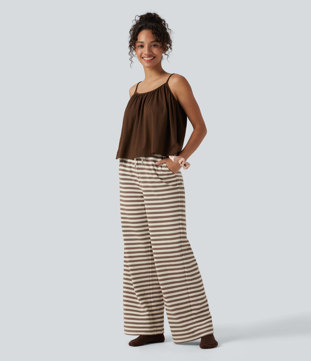 Mid Rise Drawstring Stripe Wide Leg Lounging Sweatpants with Pockets — Caramel Cream Stripe — view 7