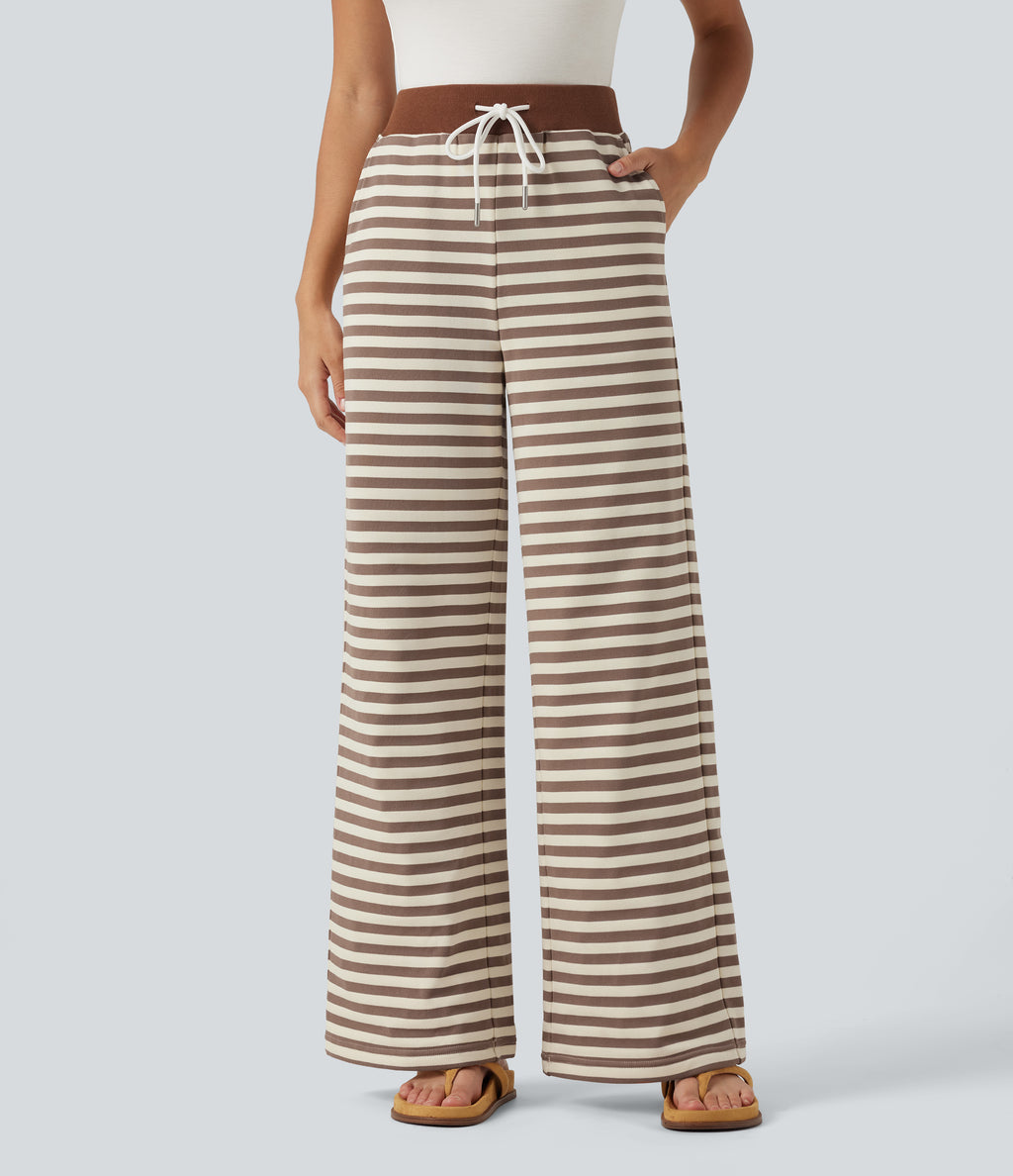 Mid Rise Drawstring Stripe Wide Leg Lounging Sweatpants with Pockets — Caramel Cream Stripe — view 1
