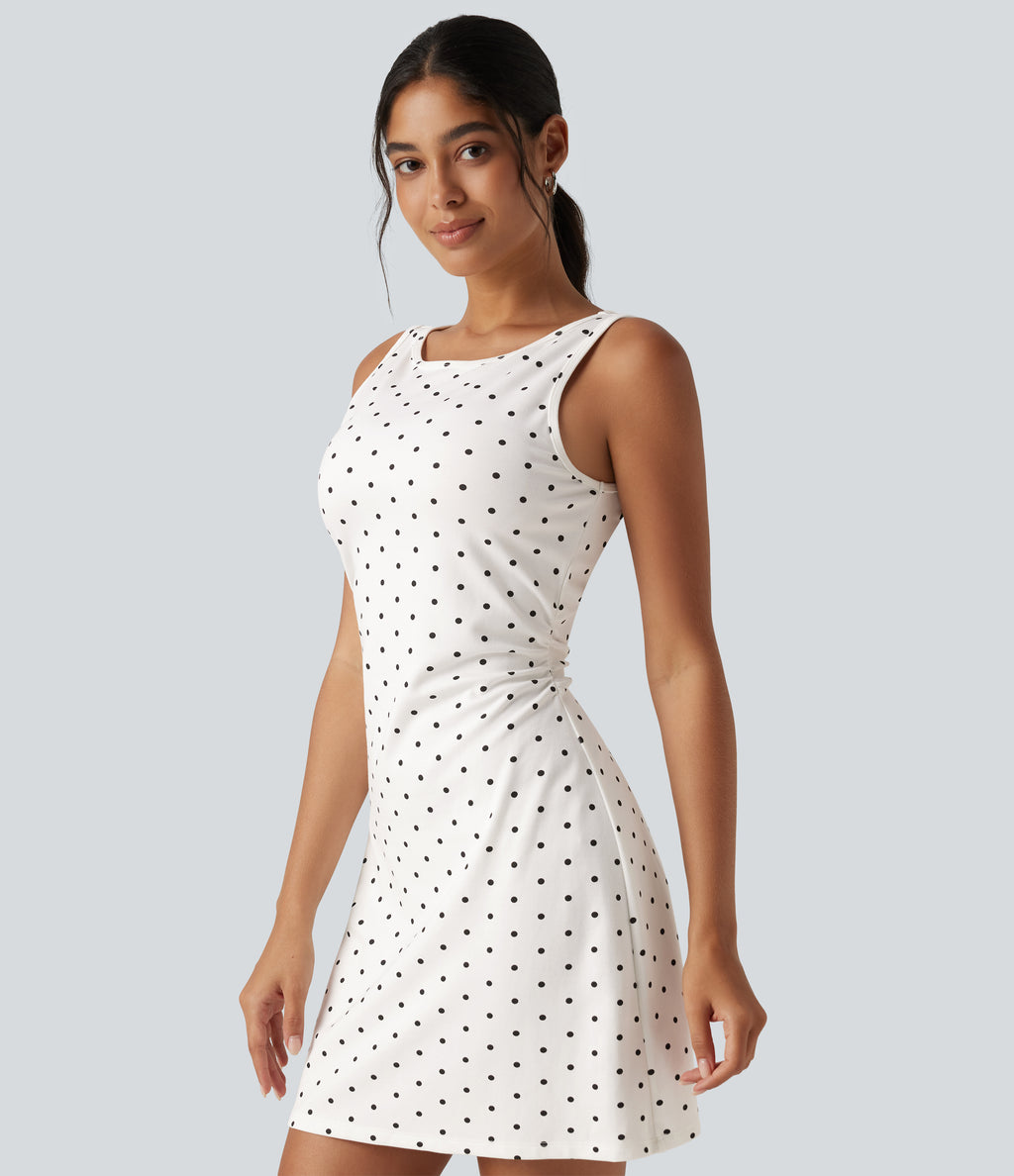 Boat Neck Sleeveless Ruched Polka Dot Casual Mini Dress — Inkstone Frost Speckle — view 4