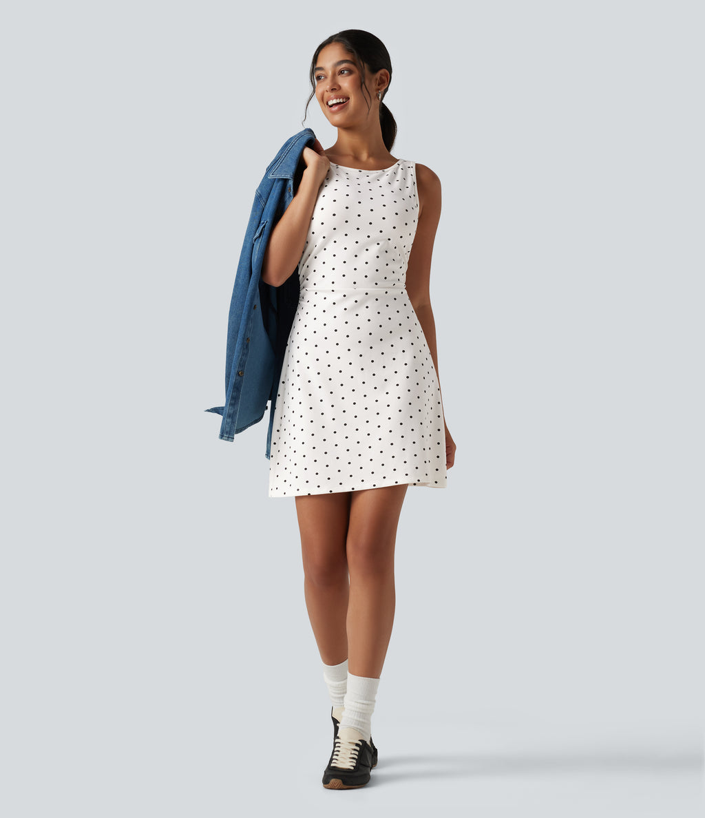 Boat Neck Sleeveless Ruched Polka Dot Casual Mini Dress — Inkstone Frost Speckle — view 7