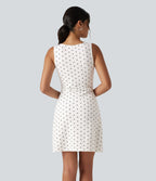 Boat Neck Sleeveless Ruched Polka Dot Casual Mini Dress — Inkstone Frost Speckle — view 2
