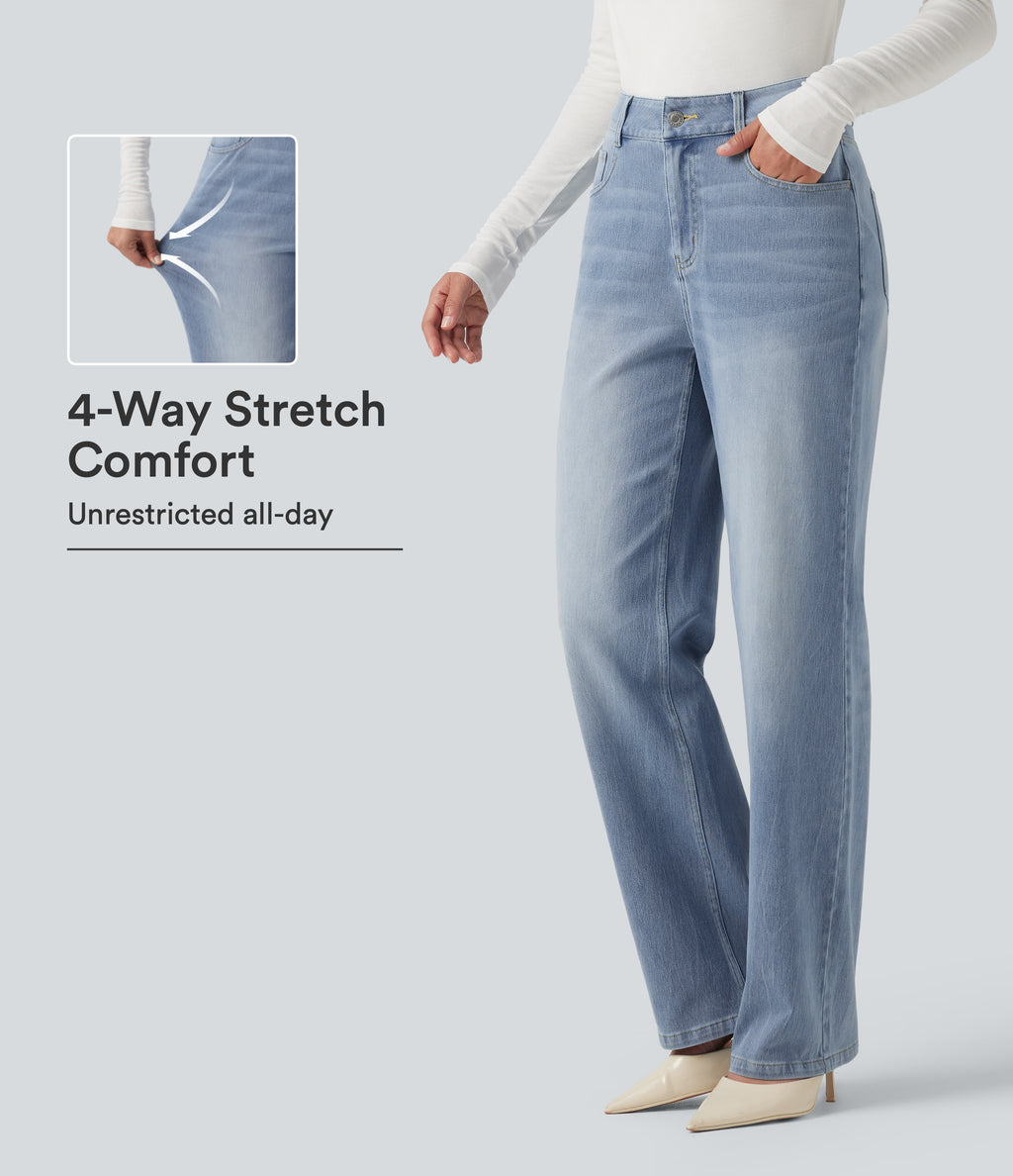 High Waisted Straight Leg Stretchy Casual Jeans — Powder Blue Denim — view 1