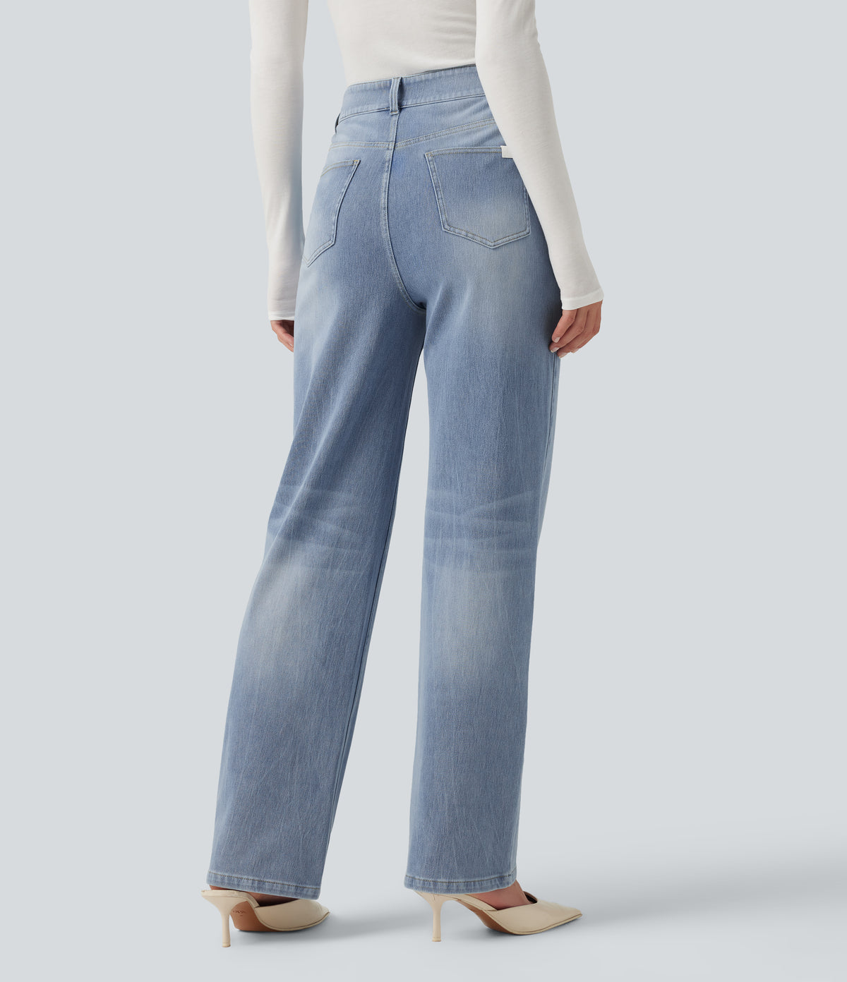 High Waisted Straight Leg Stretchy Casual Jeans — Powder Blue Denim — view 2