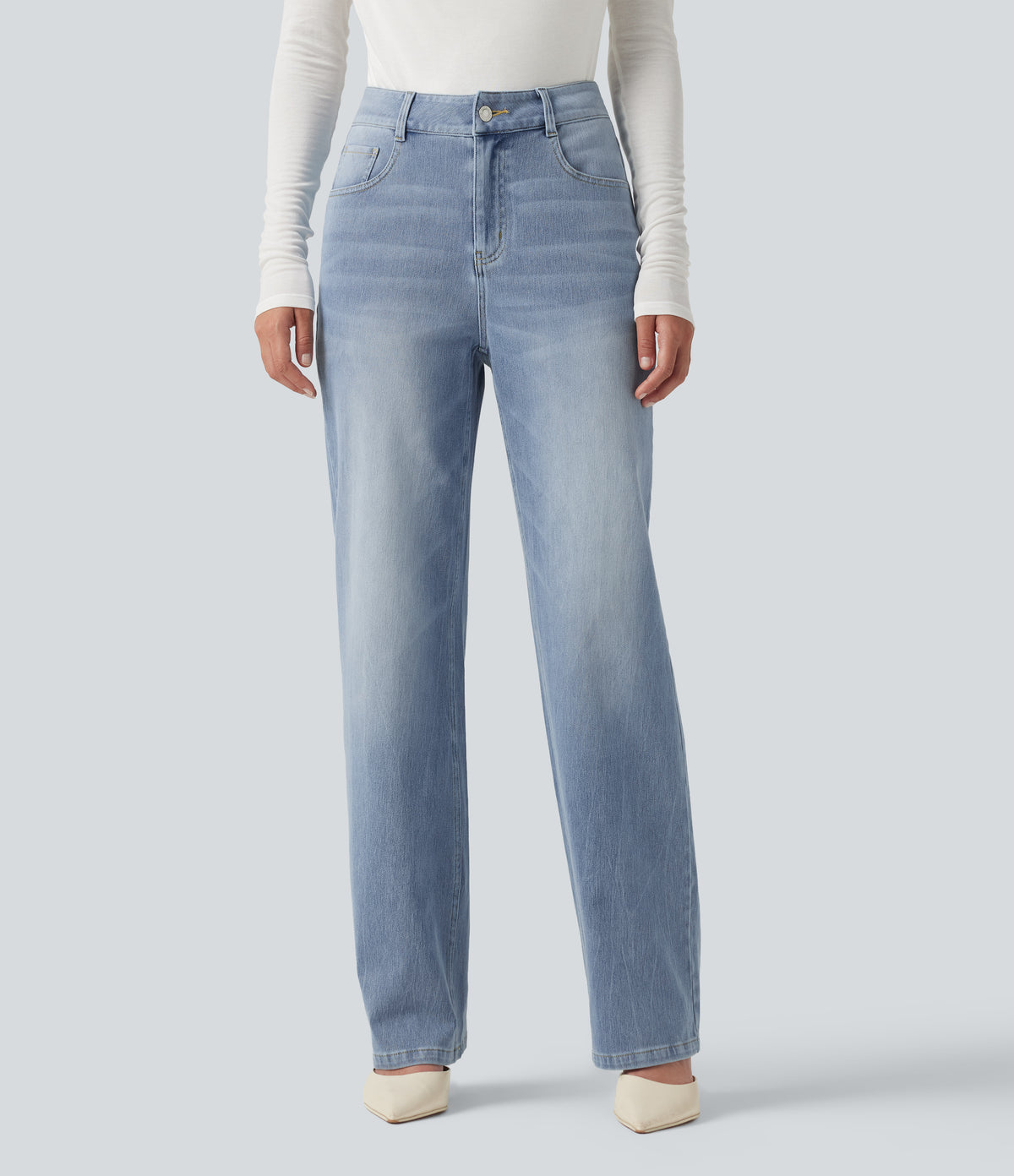 High Waisted Straight Leg Stretchy Casual Jeans — Powder Blue Denim — view 3