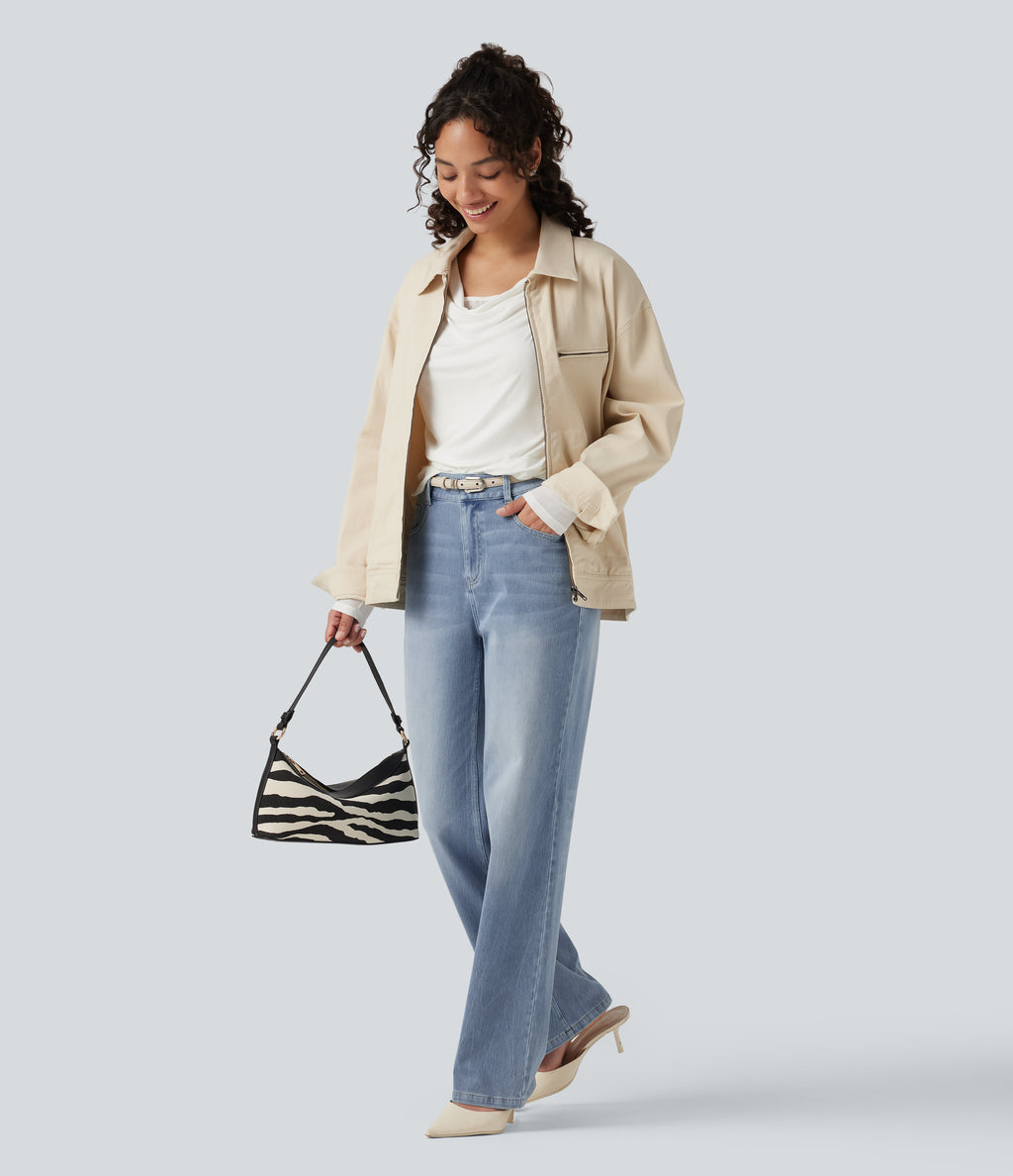 High Waisted Straight Leg Stretchy Casual Jeans — Powder Blue Denim — view 7
