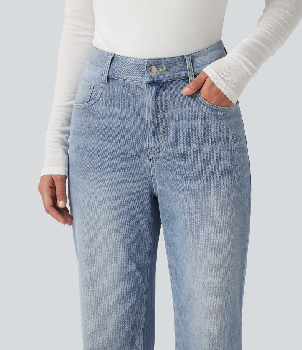 High Waisted Straight Leg Stretchy Casual Jeans — Powder Blue Denim — view 4