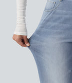 High Waisted Straight Leg Stretchy Casual Jeans — Powder Blue Denim — view 6