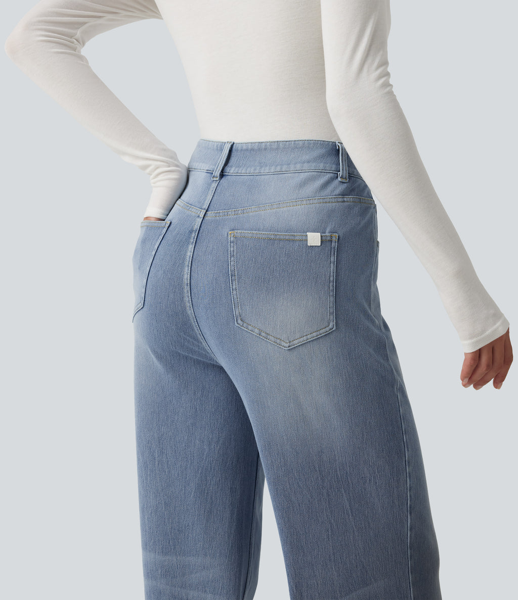 High Waisted Straight Leg Stretchy Casual Jeans — Powder Blue Denim — view 5