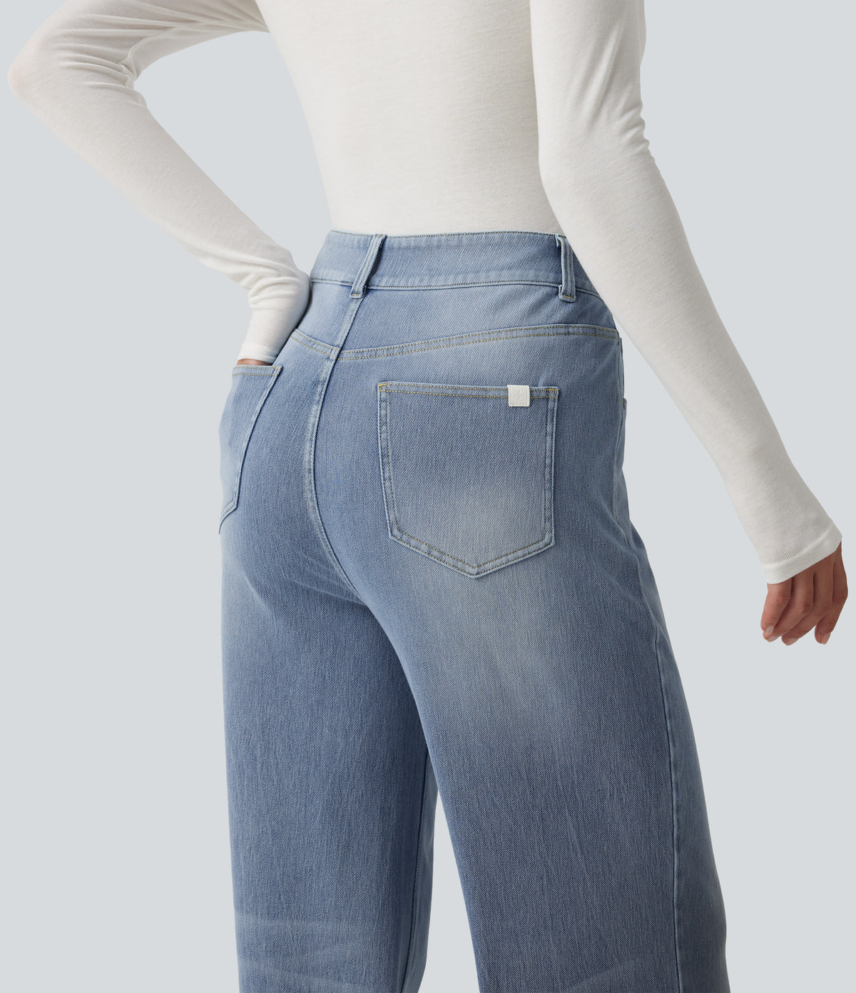 High Waisted Straight Leg Stretchy Casual Jeans — Powder Blue Denim — view 5