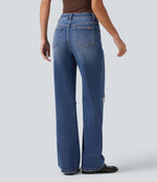 High Waisted Ripped Straight Leg Casual Jeans with Pockets — Tide Blue Denim — view 2