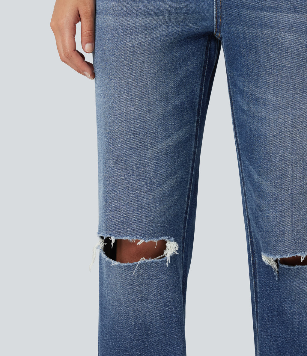 High Waisted Ripped Straight Leg Casual Jeans with Pockets — Tide Blue Denim — view 8