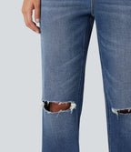 High Waisted Ripped Straight Leg Casual Jeans with Pockets — Tide Blue Denim — view 8