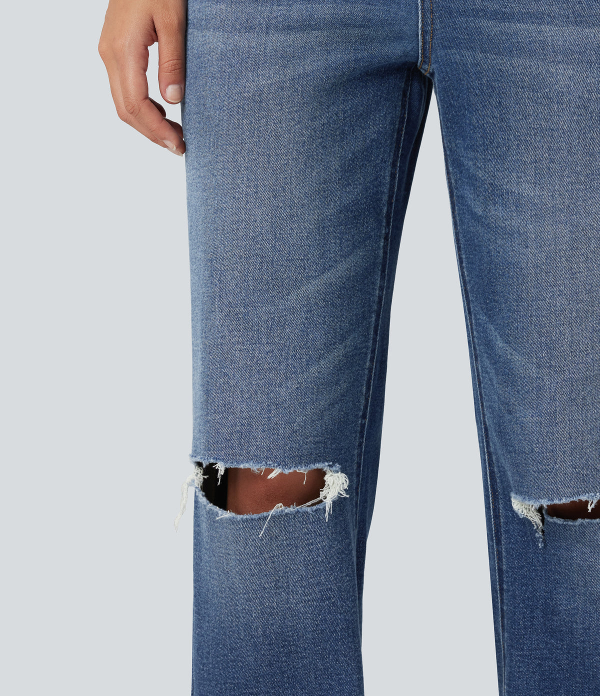 High Waisted Ripped Straight Leg Casual Jeans with Pockets — Tide Blue Denim — view 8