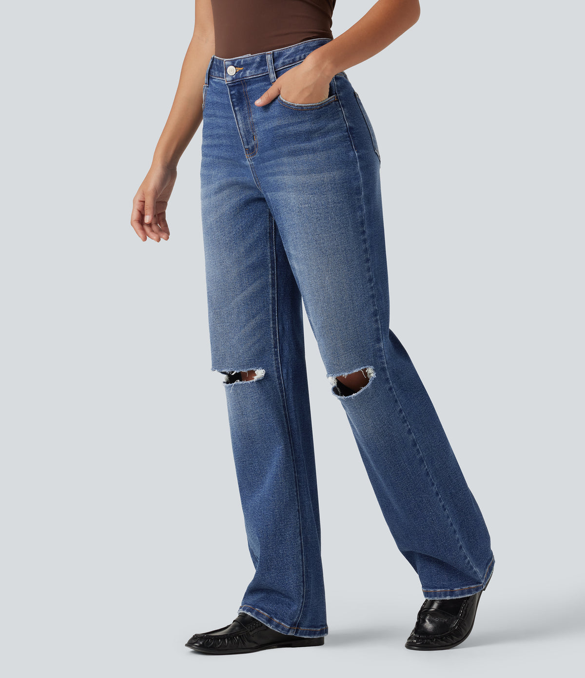 High Waisted Ripped Straight Leg Casual Jeans with Pockets — Tide Blue Denim — view 1