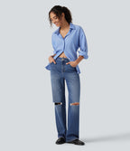 High Waisted Ripped Straight Leg Casual Jeans with Pockets — Tide Blue Denim — view 4