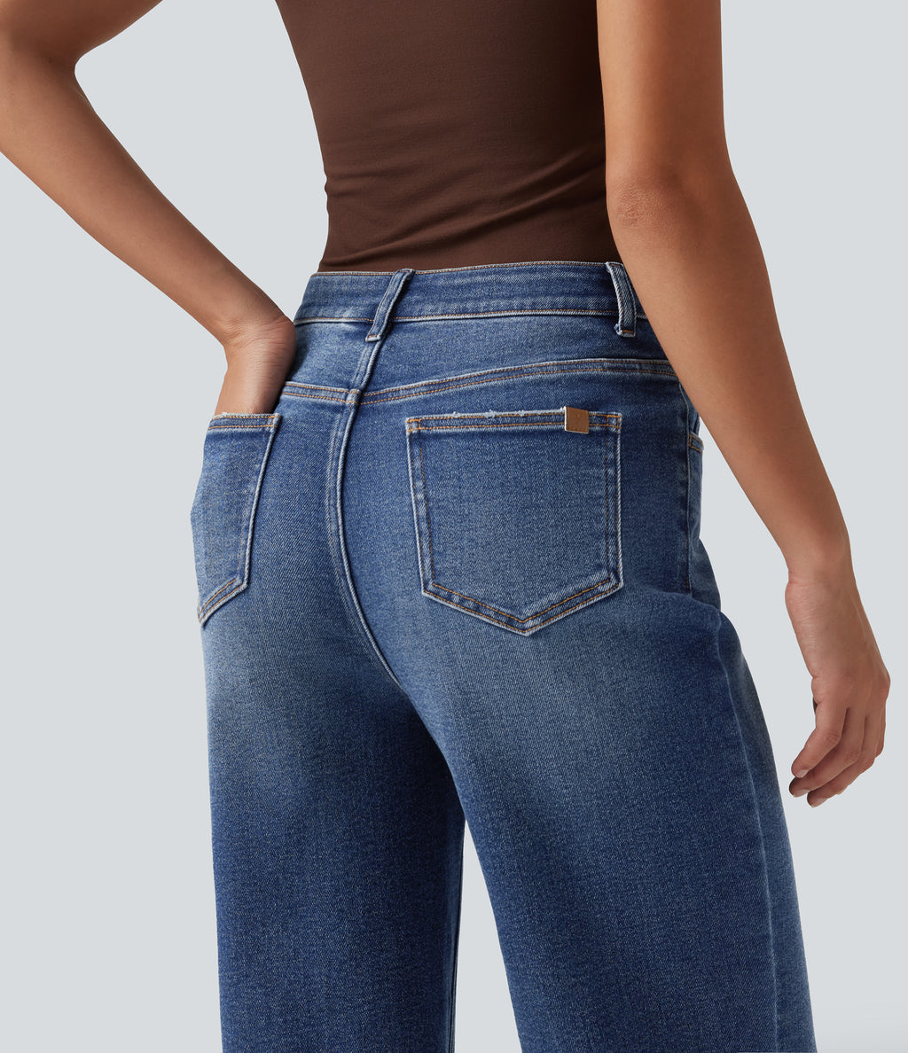 High Waisted Ripped Straight Leg Casual Jeans with Pockets — Tide Blue Denim — view 7