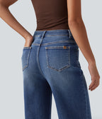 High Waisted Ripped Straight Leg Casual Jeans with Pockets — Tide Blue Denim — view 7